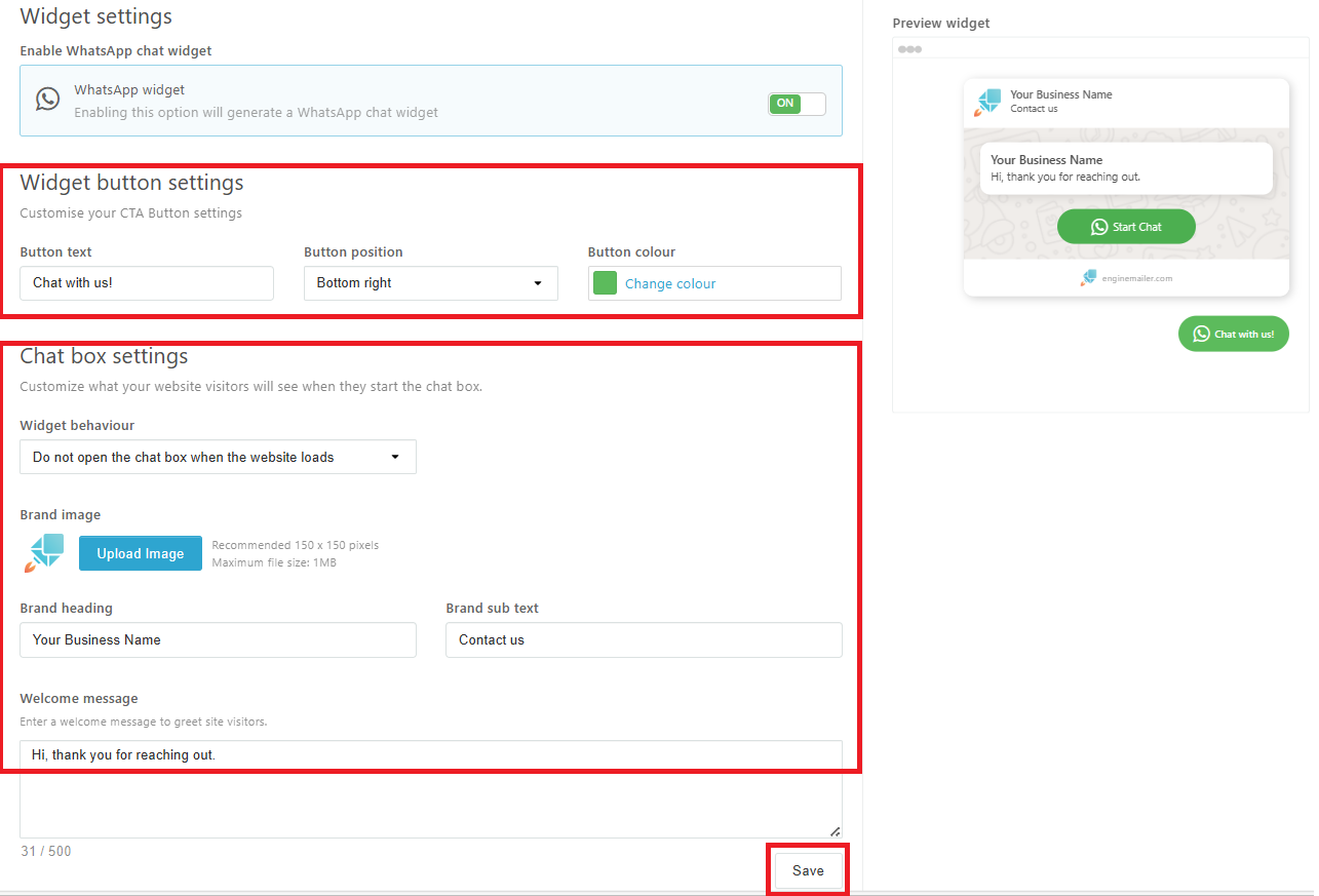 Setup & Manage WhatsApp Business Widget – Enginemailer